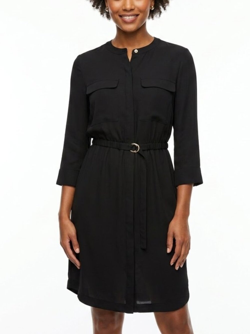 H&M Utility Minimalist Shirt Dress Gold O-Ring Belt Black Midi Size 8